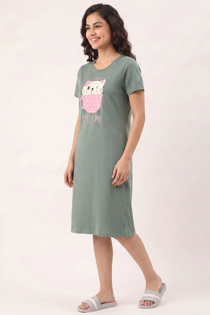 Zivame Farm Lore Knit Cotton Knee Length Nightdress - Iceberg Green — image 3